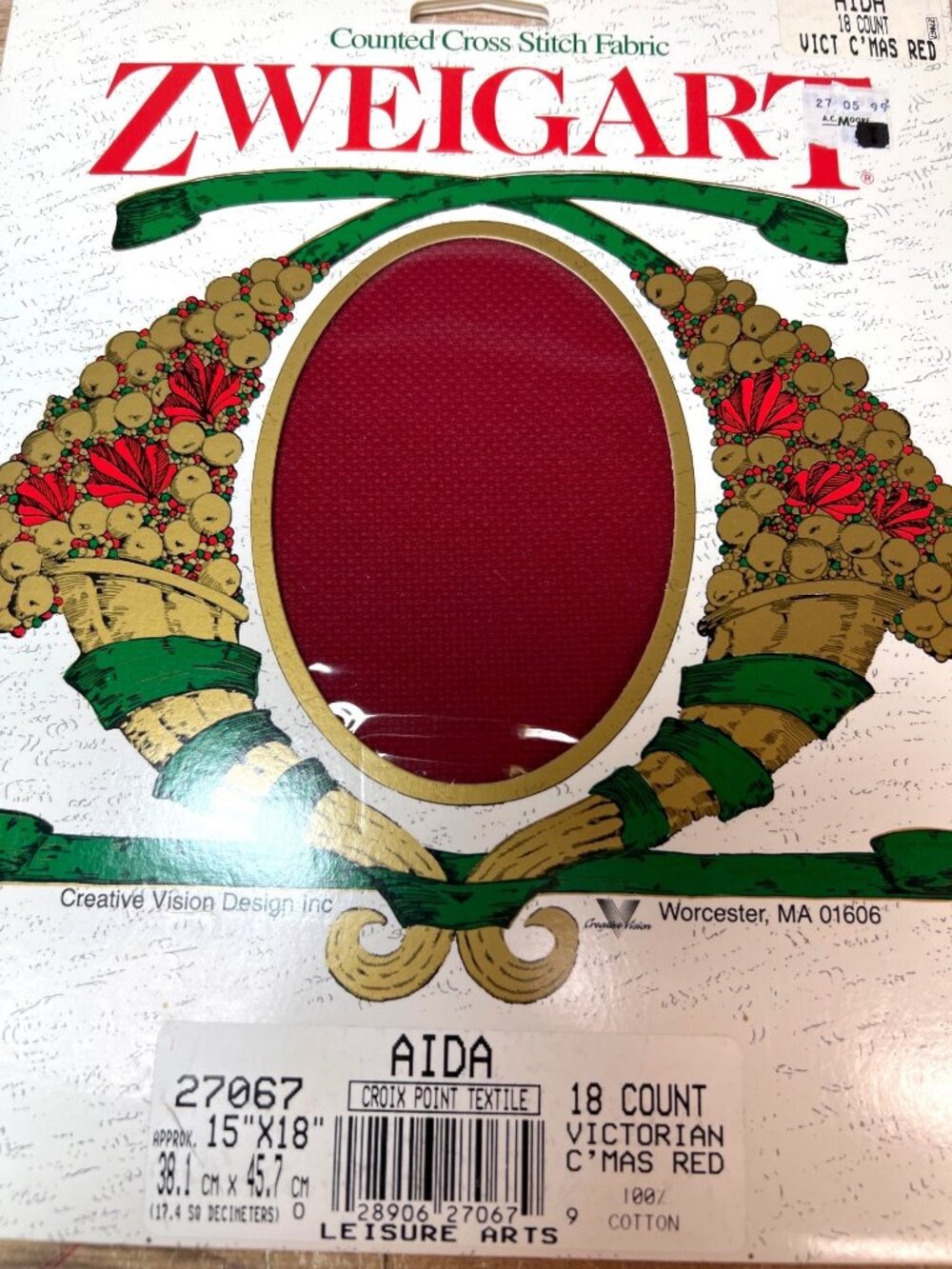 Zweigart Aida 18 Count Victorian Christmas Red Cross Stitch Fabric 15"x18"